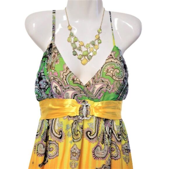 𝅺LONG Yellow Green Spaghetti Strap Polyester Gown- NWOT - Picture 4 of 14